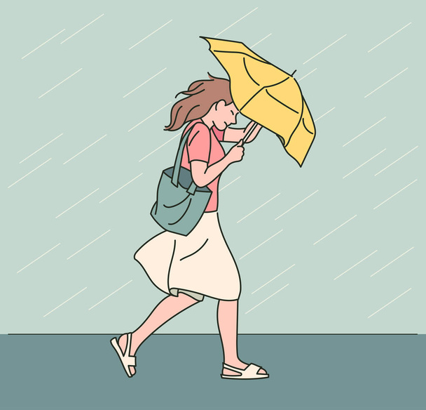 An dem regnerischen Tag verwandelt sich der Regenschirm einer Frau, die die Straße hinuntergeht, in einen starken Wind. handgezeichnete Stil Vektor Design Illustrationen. - Vektor, Bild