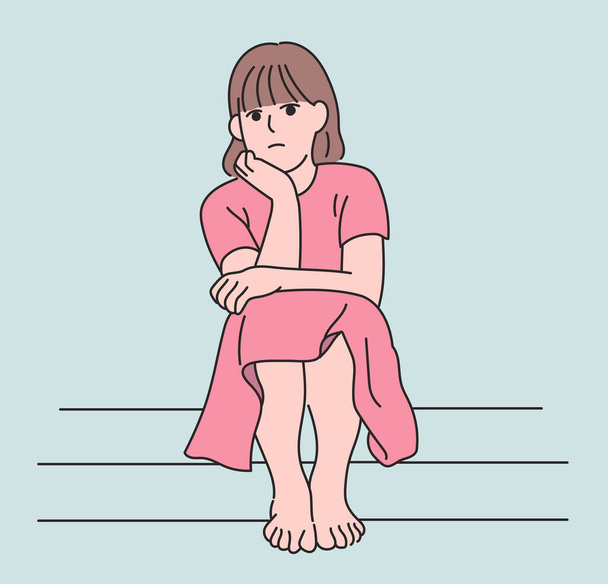 The female characters who sit with a gloomy expression. hand drawn style vector design illustrations. - Vector, Image