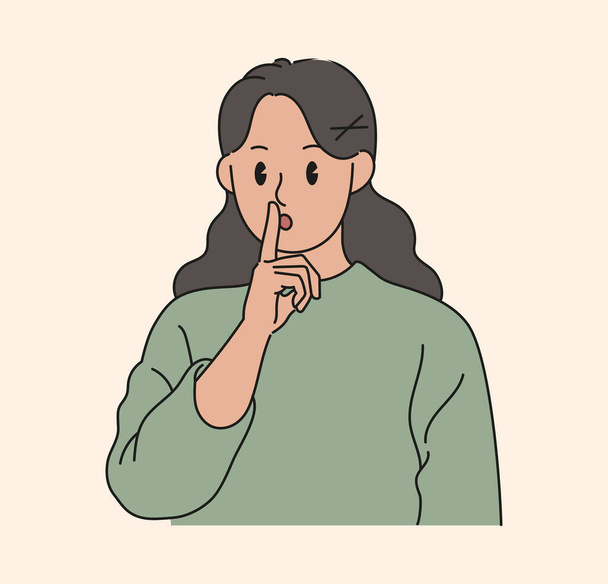 Woman showing shh sign. hand drawn style vector design illustrations. - Διάνυσμα, εικόνα
