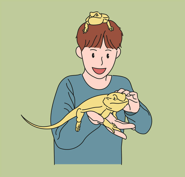 Little boy enjoying iguana on his body. hand drawn style vector design illustrations. - Vector, Image