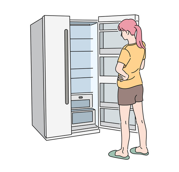 Девушка открывает пустой холодильник. Ручные рисунки векторного дизайна. - Вектор,изображение