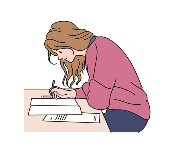 Une fille qui étudie au bureau. illustrations de design vectoriel de style dessiné à la main. - Vecteur, image