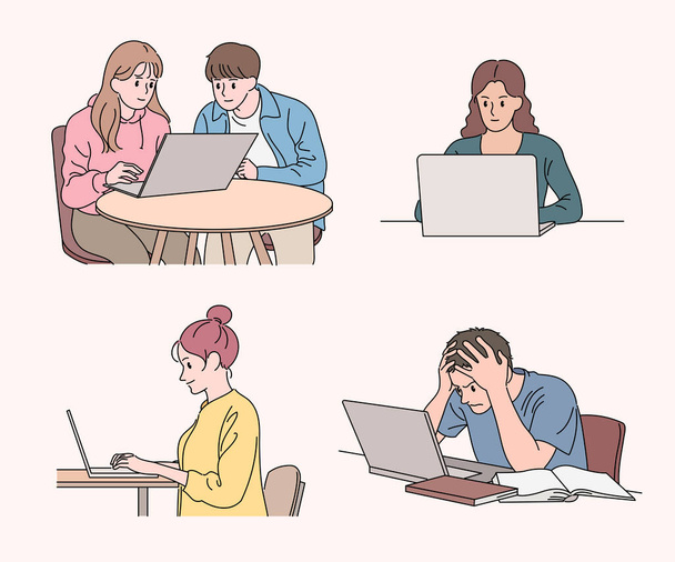 People are sitting at a table and using laptops. hand drawn style vector design illustrations. - Vector, Image