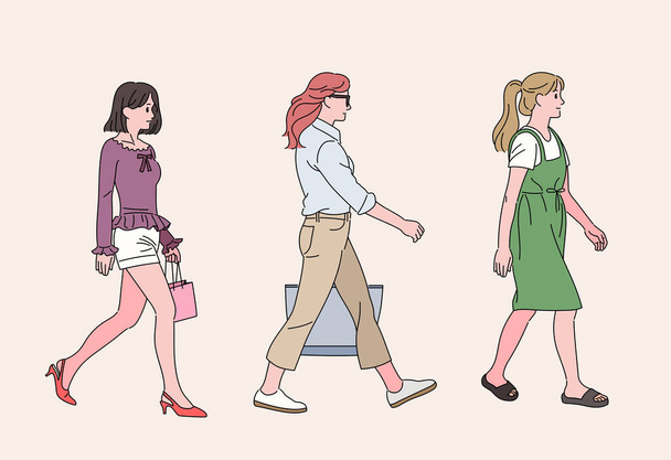 Girls of various fashion styles are walking down the street. hand drawn style vector design illustrations. - Vector, Image