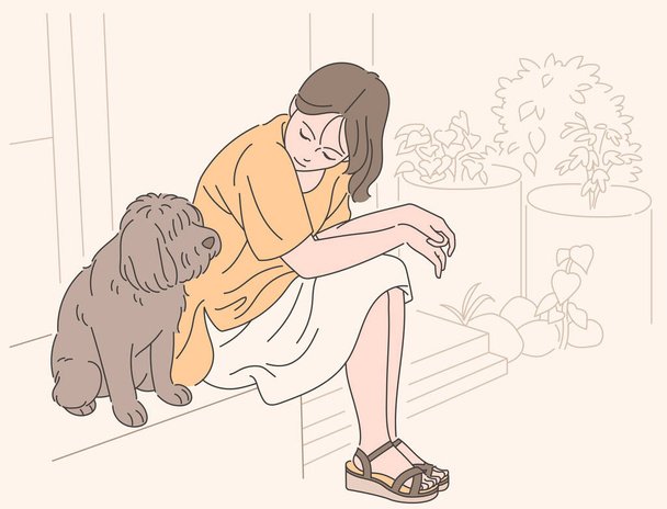 A girl sits in the yard with a cute dog. Sweet and emotional illustration. hand drawn style vector design illustrations. - Vector, Image