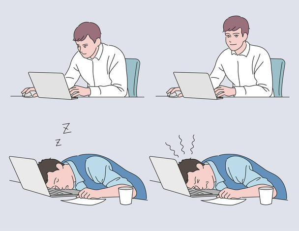 Two working attitudes. A man with a bright expression and a man who is tired and asleep. hand drawn style vector design illustrations. - Διάνυσμα, εικόνα