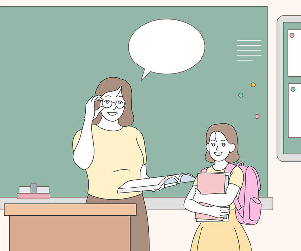 The woman teacher introduces a pretty girl student to her class. hand drawn style vector design illustrations. - Vector, Image
