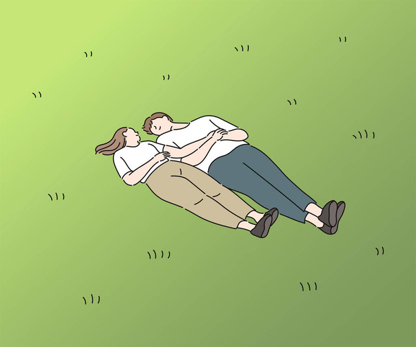 A man and a woman are lying comfortably on the lawn, looking at each other. hand drawn style vector design illustrations. - Vettoriali, immagini