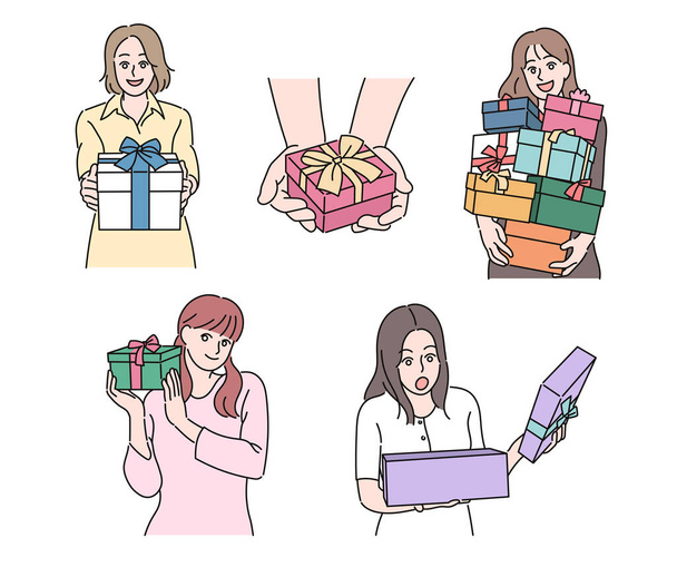 Women are holding gift boxes tied with ribbons. hand drawn style vector design illustrations. - Vector, Imagen