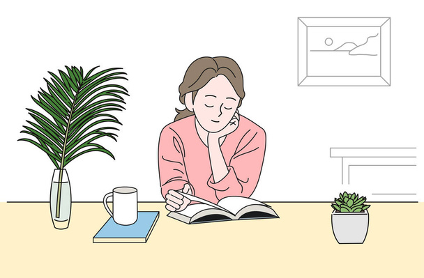 A girl is reading a book sitting at a table. hand drawn style vector design illustrations. - Διάνυσμα, εικόνα