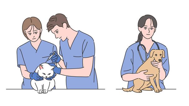 Veterinarians care for dogs and cats. hand drawn style vector design illustrations. - Vector, Image