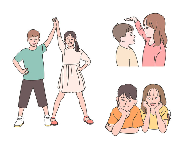 Little boy and girl are friends They key each other I'm laughing chin together. Holding hands with each other in a victory pose. hand drawn style vector design illustrations. - ベクター画像