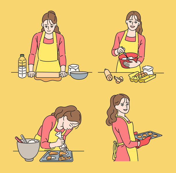 The order of making bread. A girl is baking cookies. hand drawn style vector design illustrations. - Vektör, Görsel