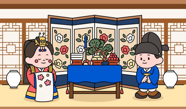 A couple having a traditional wedding in Korean traditional wedding dress. Korean background with food table. hand drawn style vector design illustrations. - Vector, Image