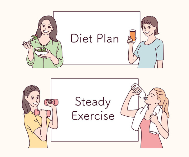Four women explaining diet planning. hand drawn style vector design illustrations. - Διάνυσμα, εικόνα