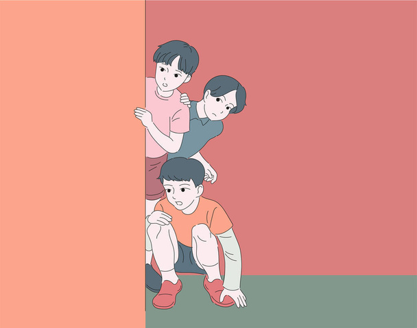 Three boys are hiding in the corner and looking at the situation. hand drawn style vector design illustrations. - Vector, Imagen
