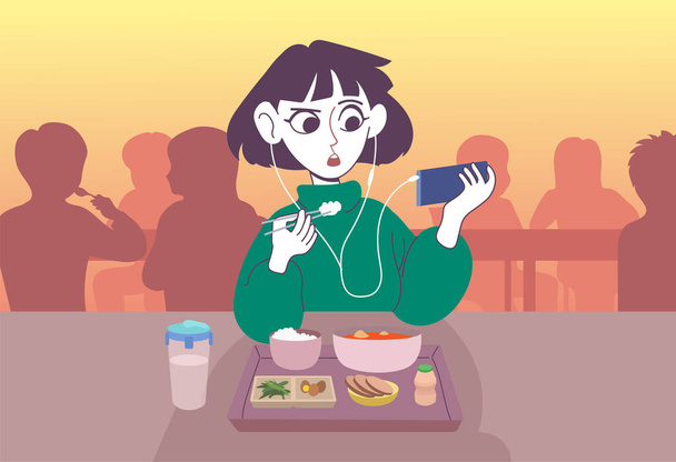 Eine Schülerin, die allein in einer Schulmensa isst, während sie ein Handy anschaut. handgezeichnete Stil Vektor Design Illustrationen. - Vektor, Bild