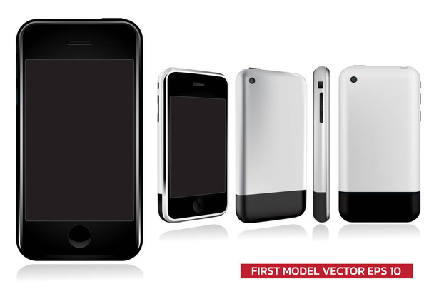 Primeira Geração de smartphone modelo em diferentes vistas (frontal, lateral, traseira), Mock up ilustração vetorial realista no fundo branco. - Vetor, Imagem