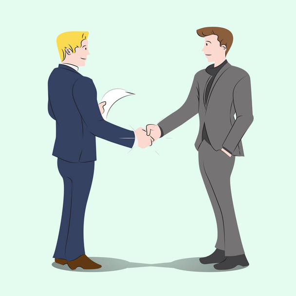 ビジネスマンは、一緒に握手、ビジネス取引、クリーンコンテンツや記事のためのミントの背景に単純にフラットベクトルイラストを共同事業. - ベクター画像