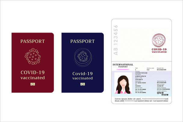 Paspoort voor wie hebben covid-19 vaccin injectie, coronavirus gevaccineerd paspoort voor reizigers of zakenlieden identificeren zelf, vector illustratie op witte achtergrond. - Vector, afbeelding