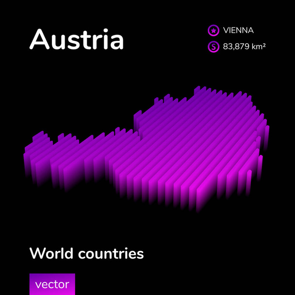 Stilizált neon digitális izometrikus csíkos vektor Ausztria térképe 3d effektussal. Ausztria térképe lila és rózsaszín színekben a fekete háttér - Vektor, kép