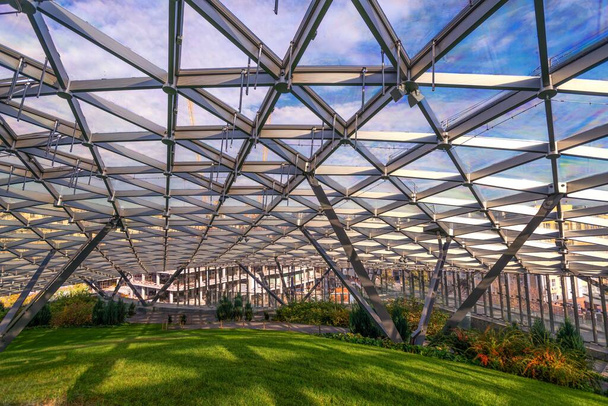 Szklana skorupa - kopuła Filharmonii Zaryadye Park wykonana z paneli słonecznych i szkła termalnego z zieloną oazą wewnątrz. Życie przed pandemią COVID-1 - Zdjęcie, obraz
