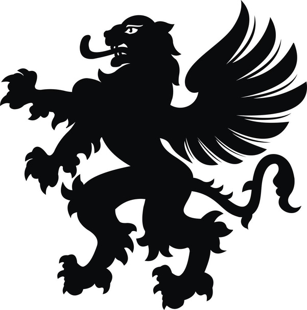 Крылатая татуировка льва. Чёрно-белый силуэт - Фото, изображение