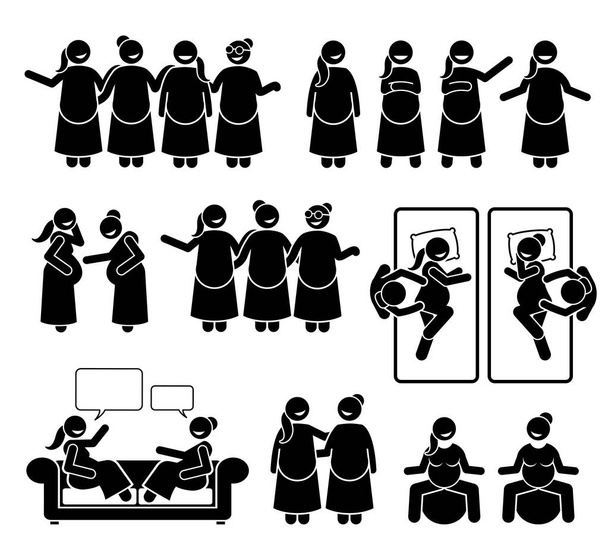 Pregnant mother group and friends together. Vector illustration stick figure of happy women supporting each other during pregnancy. They are relax and feeling positive. - Vector, Image