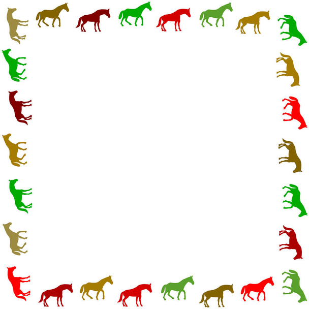5色の馬に囲まれた境界線の装飾的なフレーム内の馬 - ベクター画像