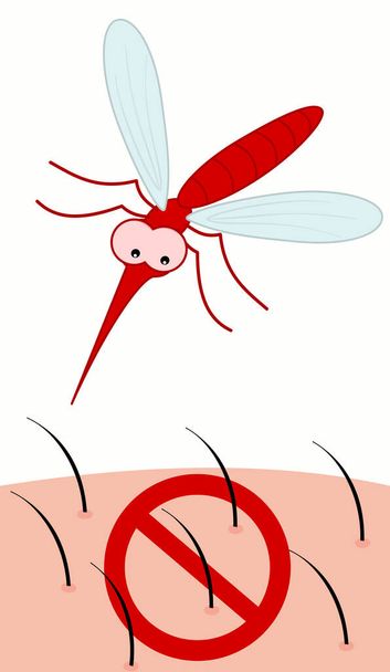 ένα τσίμπημα κουνουπιού που πετά πάνω από δέρμα με πινακίδα απαγόρευσης - Διάνυσμα, εικόνα