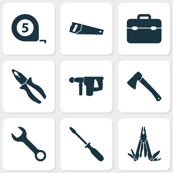 Conjunto de iconos de reparación con herramientas múltiples, alicates, caja de herramientas y otros elementos de martillo. Iconos de reparación de ilustración vectorial aislado. - Vector, imagen