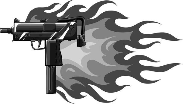 Ilustración vectorial de una pistola uzi con llamas - Vector, imagen
