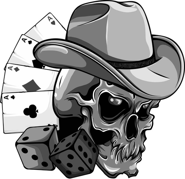 diseño de cráneo de vaquero con as y dados de poker - Vector, imagen