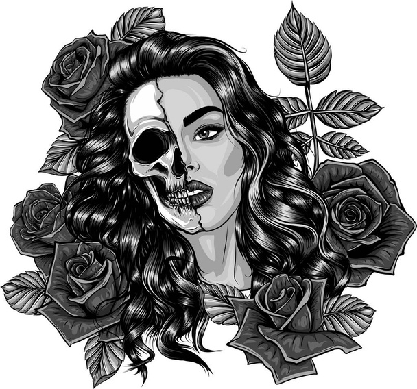 illusztráció tervezés fej koponya lány rózsák körül - Vektor, kép