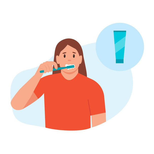 Kadın diş fırçasıyla diş fırçası kullanıyor. Ağız hijyeni ve diş tedavisi konsepti. Düzlükte şirin vektör illüstrasyonu - Vektör, Görsel