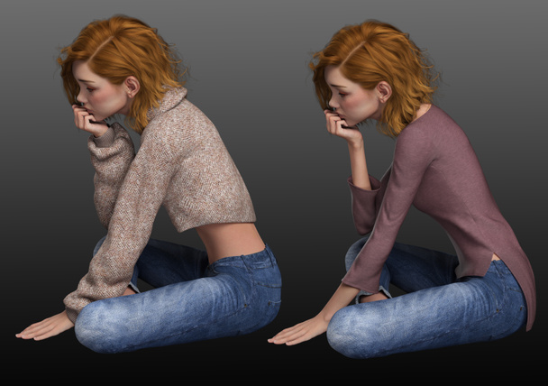 Красивая девочка-подросток в джинсах и патронах, сидящая на коленях или стоящая на коленях - Фото, изображение