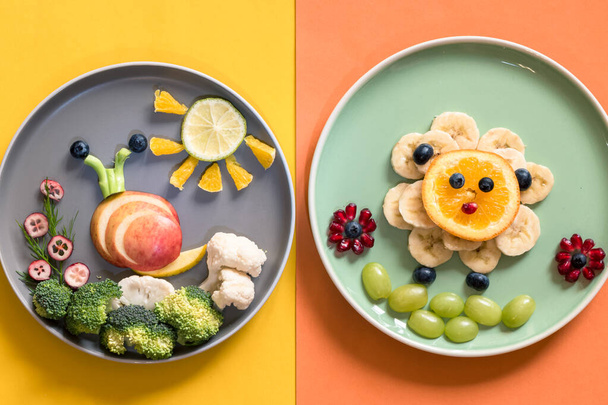 φρούτα και λαχανικά στο πιάτο με πολύχρωμες εικόνες - Φωτογραφία, εικόνα
