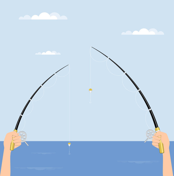Ο ψαράς κρατάει καλάμι ψαρέματος με καρούλι στα χέρια του, γυρίζοντας ράβδους. εικονογράφηση διανύσματος. - Διάνυσμα, εικόνα