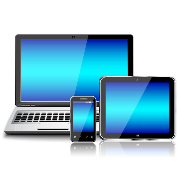 Ordenador portátil, tablet PC y smartphone móvil con una pantalla en blanco aislada - Vector, imagen