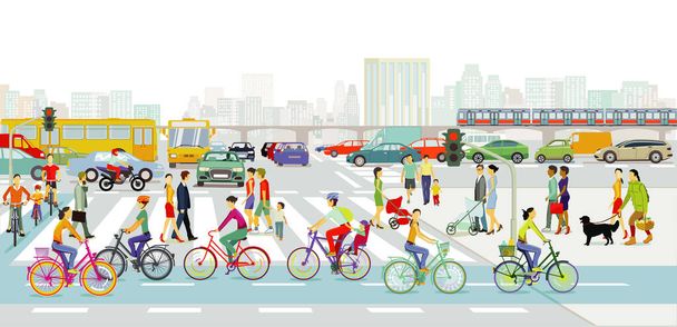 Main streets in a big city with a lot of traffic and pedestrians on the zebra crossing - Vector, Image