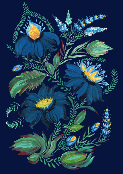 Floral κολάζ στην ουκρανική λαϊκή ζωγραφική στυλ Petrykivka. Σκούρο μπλε χέρι ζωγράφισε φανταστικά λουλούδια, φύλλα, σγουρά κλαδιά απομονωμένα σε σκούρο μπλε φόντο. μπατίκ, αφίσα, εμπριμέ πουκάμισο - Φωτογραφία, εικόνα