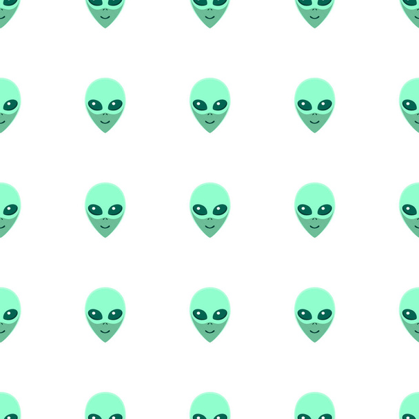 エイリアンの緑の頭とシームレスなパターン。UFO 、人類似の無限の背景は隔離された。笑顔の訪問者、火星人。ベクトルイラスト,宇宙をテーマにした壁紙,陰謀論, Sci-fi,素晴らしい. - ベクター画像
