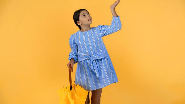 child in blue dress standing with umbrella and looking up on yellow - Photo, Image