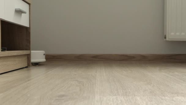 Staubsaugerroboter bewegen die Reinigung in modernen Wohnräumen. Drahtlose und künstliche Intelligenz für die Reinigung - Filmmaterial, Video