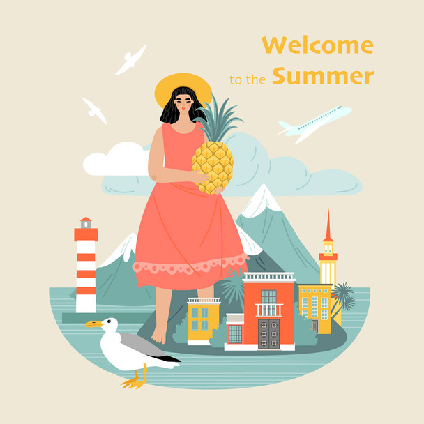 Yaz konseptine hoş geldiniz. Kollarında ananas tutan tatlı bir kız adanın zeminine ve manzarasına karşı. Çizgi film tarzında resimleme - Vektör, Görsel