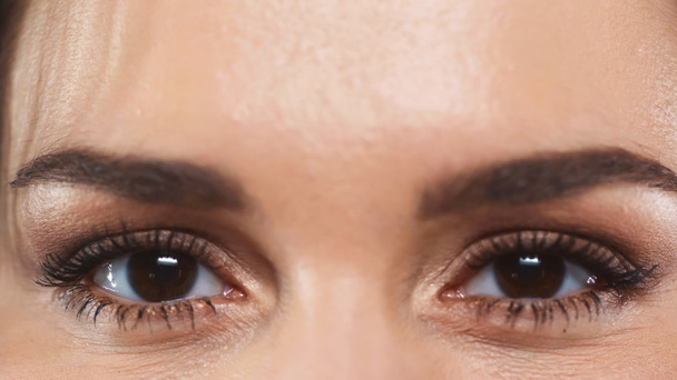 Teilbild einer Frau mit braunen Augen, die in die Kamera blickt - Foto, Bild