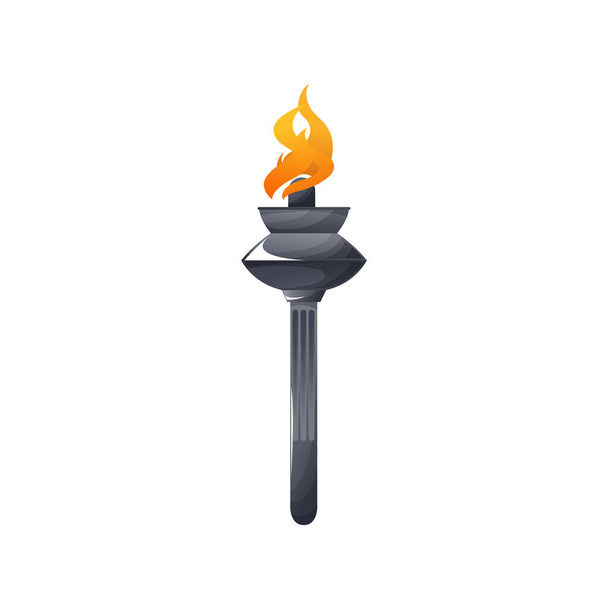 Burning torch in metal stick, fire symbol of peace isolated icon. Vector flaming torch medieval competitions mascot. Bright sparkling flare, flambeau cresset symbol of olympic sport, liberty freedom - Vector, Image