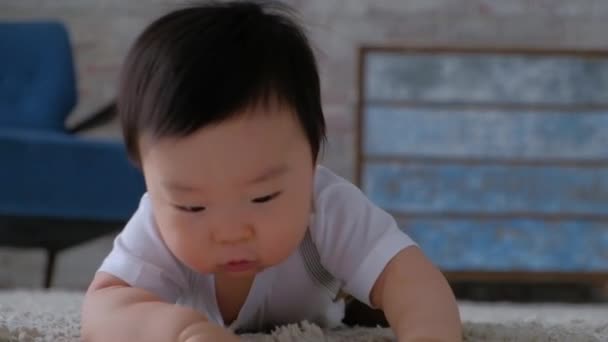 Mutlu araştırmacı bebek kameralar için yerde sürünüyor. Asyalı bebek evde ailesiyle oynuyor ve oyun oynarken sürüne sürüne sürünmeyi öğreniyor. Bebek emekler ve etrafındaki dünyayı keşfeder. - Video, Çekim