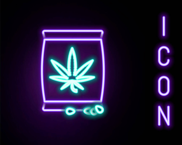 Świecący neon linii nasion marihuany lub konopi w ikonie worka izolowane na czarnym tle. Symbol konopi. Proces sadzenia marihuany. Kolorowy koncept. Wektor - Wektor, obraz