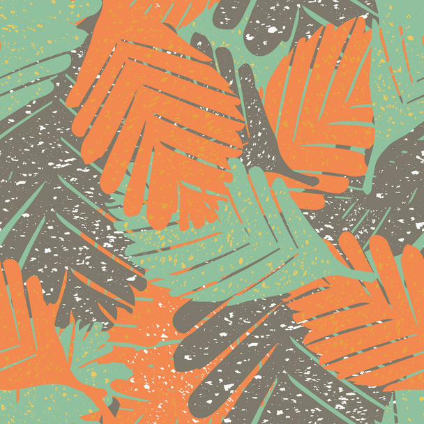 Abstract paint spatter tropical leaves seamless vector pattern background. Painterly backdrop with textured speckled overlapping layered foliage. Tropical orange, light blue, brown botanical repeat - Vector, Image